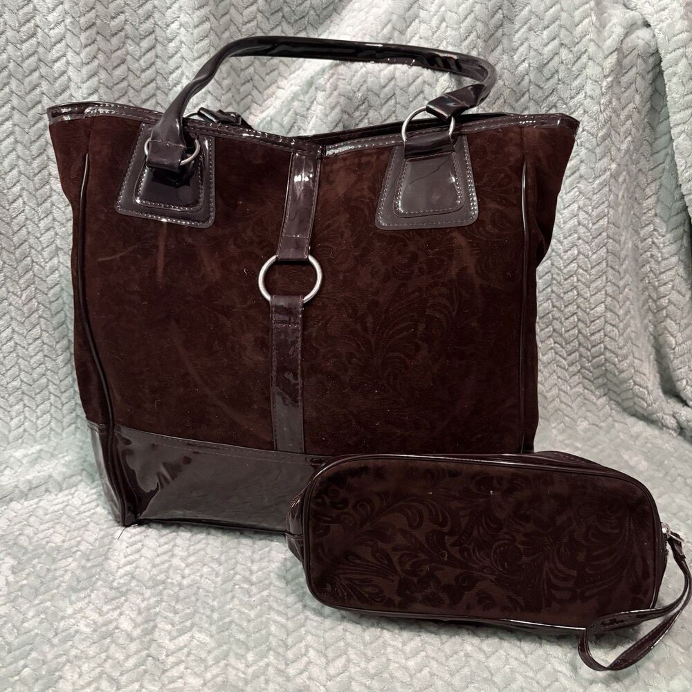 Essence of Beauty Chocolate Brown Velvet Floral Tote and Wristlet Set - Boho y2k